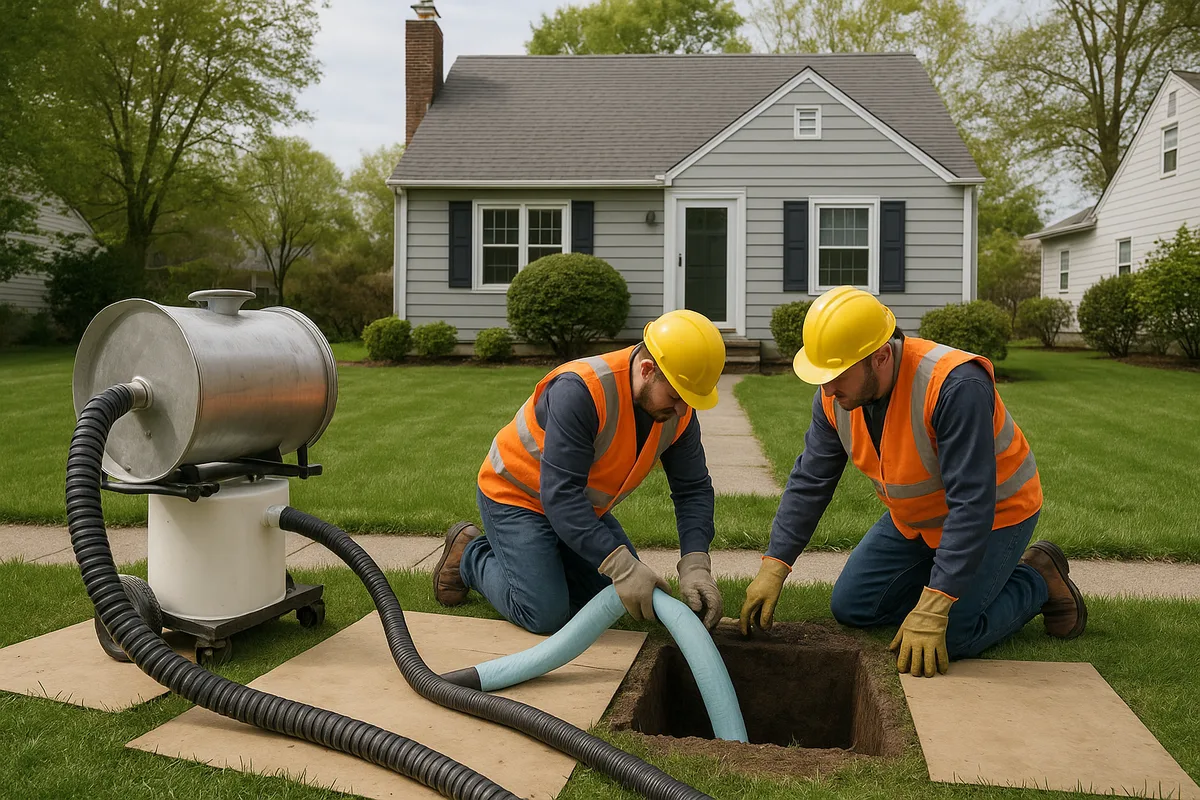 Trenchless sewer repair crew working from a small access pit on a New City NY lawn