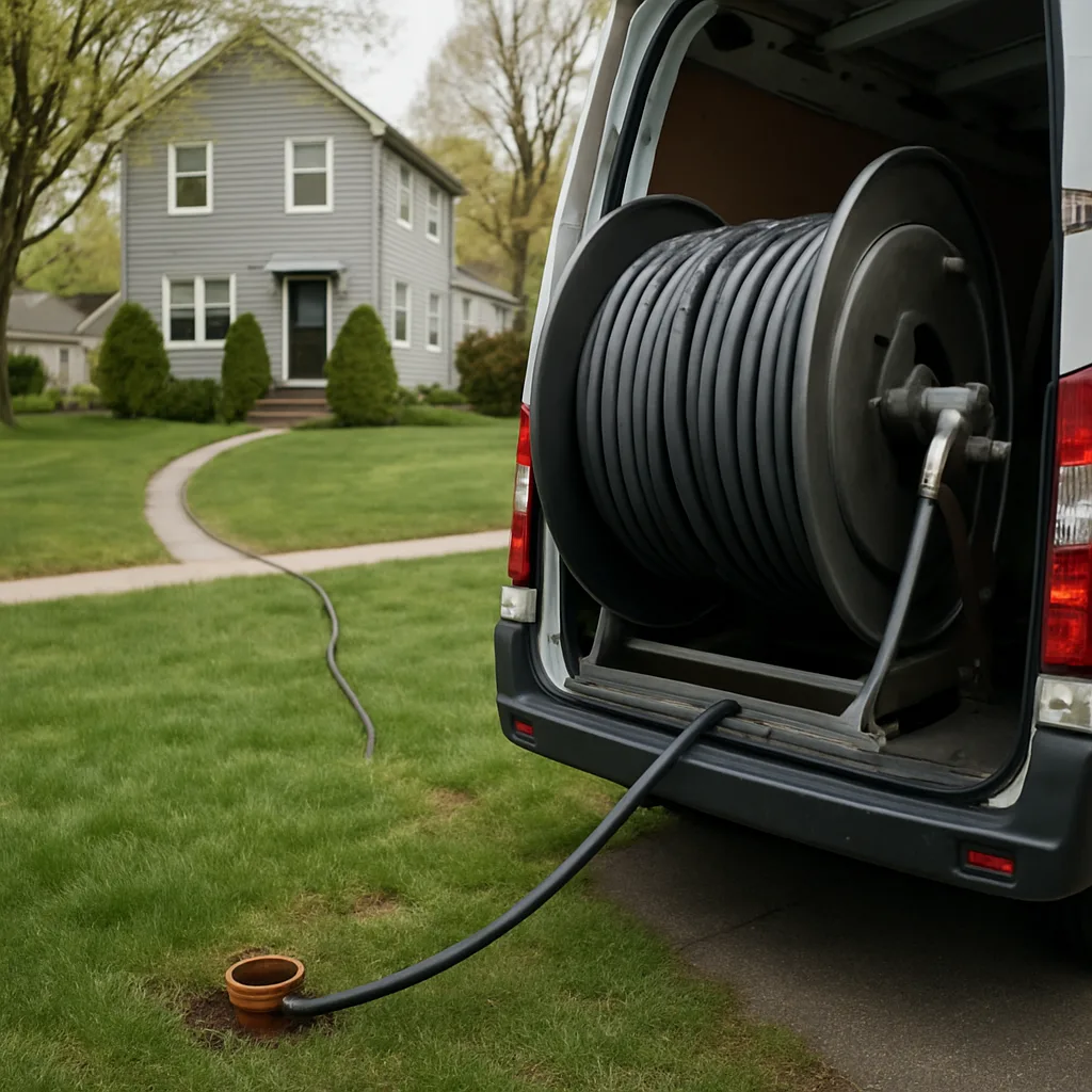 Hydro jetting hose reel connected to a sewer cleanout in a front yard