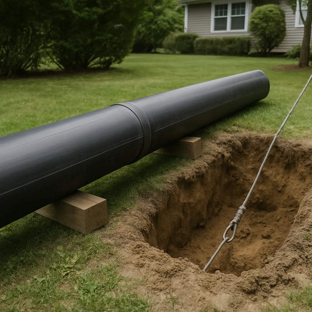 HDPE replacement pipe staged beside an access pit for pipe bursting in Rockland County