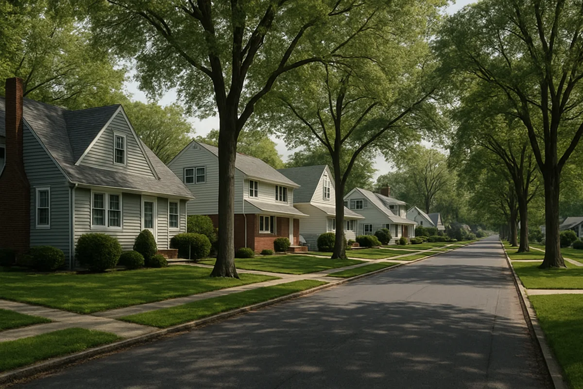 Tree-lined Rockland County street of 1950s capes and split-levels served by New City Trenchless