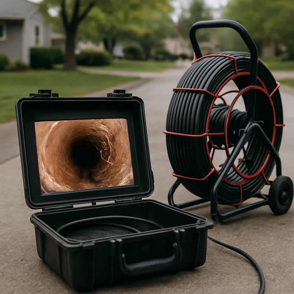 Sewer camera inspection monitor showing roots inside a clay pipe in New City NY