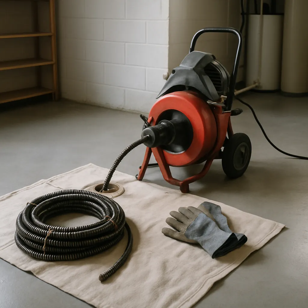 Drain cleaning cable machine at a basement floor cleanout