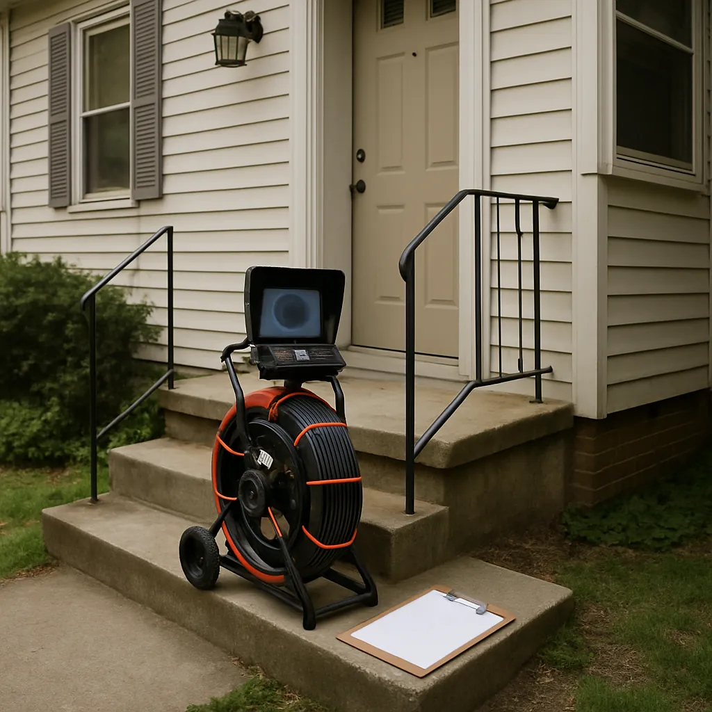 Push camera reel and monitor set up for a pre-purchase sewer inspection on a postwar home