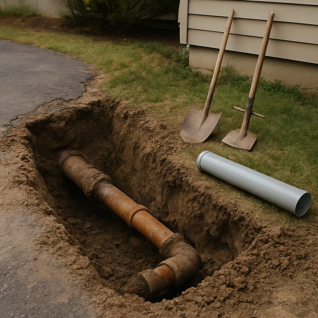 Excavated access pit exposing an old sewer lateral connection beside a Rockland County driveway