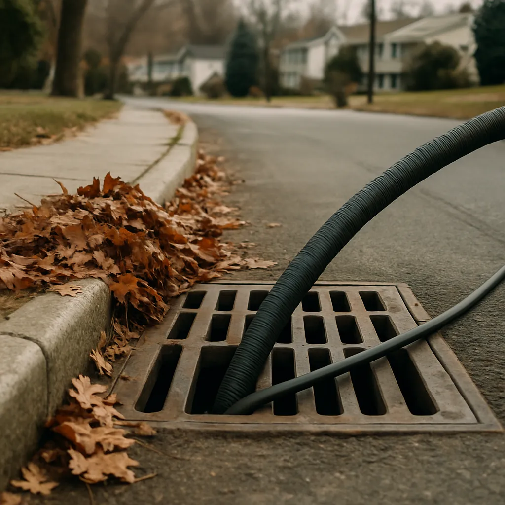 Curbside storm drain inlet with a jetter hose fed into it on a residential street