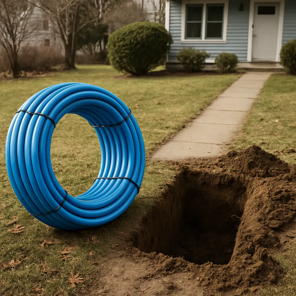 Coil of blue HDPE water service pipe beside a small launch pit